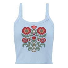 Load image into Gallery viewer, Melodia Gallery light blue 100% cotton micro rib crop tank with vintage floral folk art graphic.
