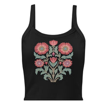 Load image into Gallery viewer, Melodia Gallery black 100% cotton micro rib crop tank with vintage floral folk art graphic.
