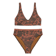 Load image into Gallery viewer, Melodia Gallery terracotta recycled high-waisted bikini with a dark grey floral and phoenix print.
