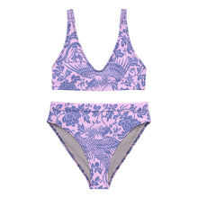 Load image into Gallery viewer, Melodia Gallery baby pink recycled high-waisted bikini set with blue floral and phoenix print.
