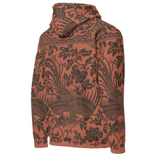 Load image into Gallery viewer, Melodia Gallery unisex cotton hoodie with all-over floral and phoenix print in rust and black. Relaxed fit with drop shoulders.
