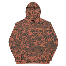 Load image into Gallery viewer, Melodia Gallery unisex cotton hoodie with all-over floral and phoenix print in rust and dark grey. Features a relaxed fit, hood, and front pocket.
