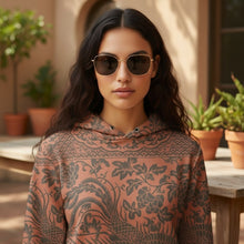 Load image into Gallery viewer, Melodia Gallery unisex cotton hoodie with all-over floral and phoenix print in rust and grey. Relaxed fit with hood and pocket.
