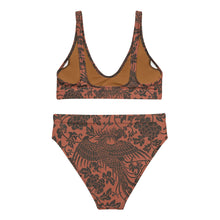 Load image into Gallery viewer, Melodia Gallery terracotta recycled high-waisted bikini set with a dark floral and phoenix print.
