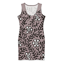 Load image into Gallery viewer, Melodia Gallery Flower + Vine Cotton Bodycon Dress, Art Nouveau inspired, taupe with black and white floral print
