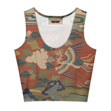 Load image into Gallery viewer, Melodia Gallery Flying Phoenix Cotton Crop Top with floral and dragon print. Features a U-neck and sleeveless design.
