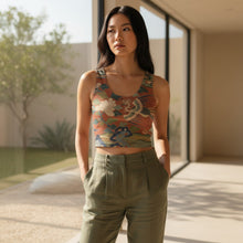 Load image into Gallery viewer, Melodia Gallery Flying Phoenix Cotton Crop Top with floral and dragon print. Red, blue, green, and cream colors.
