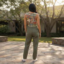 Load image into Gallery viewer, Melodia Gallery Flying Phoenix Cotton Crop Top with floral and cloud pattern. Red, blue, green, and cream.
