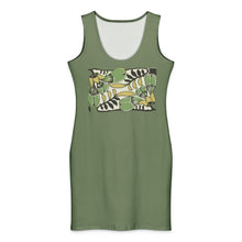 Load image into Gallery viewer, Melodia Gallery green cotton bodycon tank dress with vintage passionflower floral print
