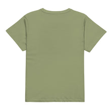 Load image into Gallery viewer, Melodia Gallery Women's green cotton t-shirt with crew neck and longline fit. Inspired by 1920s Art Nouveau.
