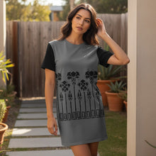 Load image into Gallery viewer, Melodia Gallery grey cotton t-shirt dress with black sleeves and a vintage inspired Art Nouveau iris floral print.
