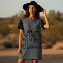 Load image into Gallery viewer, Melodia Gallery grey cotton t-shirt dress with black sleeves and a vintage inspired Art Nouveau iris floral print.
