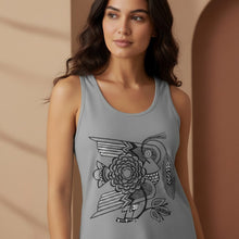 Load image into Gallery viewer, Melodia Gallery grey 100% cotton tank top with vintage art nouveau bird and blossom graphic print.

