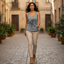 Load image into Gallery viewer, Melodia Gallery grey 100% cotton tank top with vintage bird and blossom graphic print. Women's size medium.
