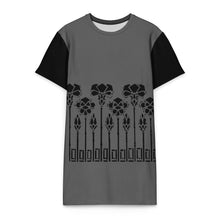 Load image into Gallery viewer, Melodia Gallery grey cotton t-shirt dress with black sleeves and a vintage inspired art nouveau iris floral print.
