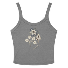 Load image into Gallery viewer, Melodia Gallery grey micro-rib cotton crop tank top with vintage floral graphic design.
