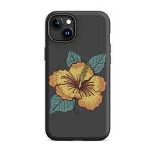 Load image into Gallery viewer, Melodia Gallery dark grey iPhone case with yellow hibiscus flower and green leaves design. MagSafe compatible.
