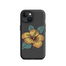 Load image into Gallery viewer, Melodia Gallery dark grey iPhone case with yellow hibiscus flower and green leaves design, MagSafe compatible.
