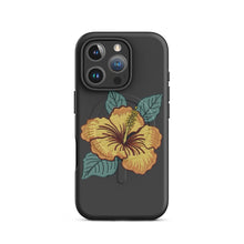 Load image into Gallery viewer, Melodia Gallery dark grey MagSafe tough case with yellow hibiscus flower and green leaves design for iPhone.
