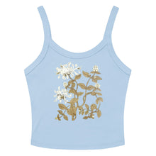 Load image into Gallery viewer, Melodia Gallery light blue 100% cotton micro-rib crop tank top with a vintage-inspired honeysuckle floral design.
