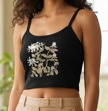 Load image into Gallery viewer, Melodia Gallery black 100% cotton micro-rib crop tank top with vintage-inspired honeysuckle floral design.
