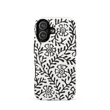 Load image into Gallery viewer, Melodia Gallery iPhone case with black Art Nouveau floral vine pattern on white. MagSafe compatible tough case.
