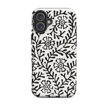 Load image into Gallery viewer, Melodia Gallery iPhone case with black Art Nouveau floral vine pattern on white. MagSafe compatible.
