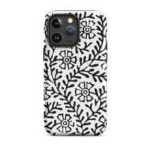Load image into Gallery viewer, Melodia Gallery iPhone case with black Art Nouveau floral vine pattern on white. MagSafe tough case.
