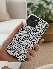 Load image into Gallery viewer, Melodia Gallery Flower &amp; Vine II MagSafe tough case for iPhone, black and white floral art nouveau pattern, matte finish.
