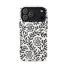 Load image into Gallery viewer, Melodia Gallery Flower &amp; Vine II MagSafe tough iPhone case with black Art Nouveau floral print on white.

