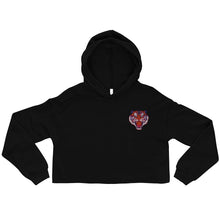 Load image into Gallery viewer, Melodia Gallery black cropped hoodie with Korean tiger Minhwa embroidery, raw hem, and drawstrings.
