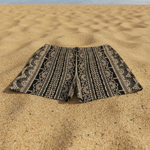 Load image into Gallery viewer, Melodia Gallery black and tan lace-print unisex cotton-elastane shorts with a relaxed fit and four-way stretch.
