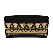 Load image into Gallery viewer, Melodia Gallery black bandeau bikini top with gold lotus pattern, UPF 50+ sun protection, made from recycled polyester and elastane.
