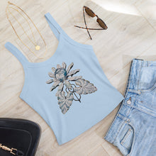 Load image into Gallery viewer, Melodia Gallery light blue 100% cotton micro rib crop tank with vintage lotus bloom graphic art.
