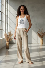 Load image into Gallery viewer, Melodia Gallery white 100% cotton micro rib crop tank with vintage lotus bloom graphic art.
