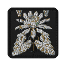 Load image into Gallery viewer, Melodia Gallery embroidered lotus bloom tactical patch with hook and loop backing. White and gold floral design on black.
