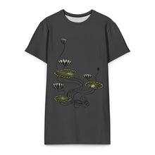 Load image into Gallery viewer, Melodia Gallery dark grey t-shirt dress with an Art Nouveau lotus flower and lily pad print. Made from cotton-elastane blend.
