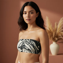 Load image into Gallery viewer, Melodia Gallery black and white marble wash recycled bandeau bikini top with UPF 50+ sun protection.
