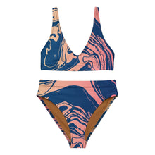 Load image into Gallery viewer, Melodia Gallery Sand Gold Marble Wash Recycled High-Waisted Bikini, 2 Piece Set. Blue and pink marble print.
