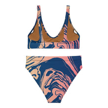 Load image into Gallery viewer, Melodia Gallery Sand Gold Marble Wash Recycled High-Waisted Bikini, 2 Piece Set. Blue and pink marble pattern.
