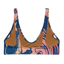 Load image into Gallery viewer, Melodia Gallery Sand Gold Marble Wash Recycled Padded Bikini Top, featuring a marble pattern in navy, pink, and tan.
