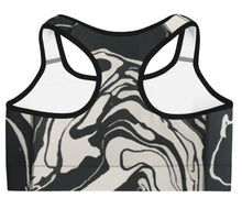 Load image into Gallery viewer, Melodia Gallery black and white marble wash sports bra with racerback and scoop neckline. Moisture-wicking.
