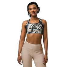 Load image into Gallery viewer, Melodia Gallery Marble Wash Sports Bra in black and white, made from recycled polyester and elastane, with a racerback and scoop neckline.
