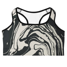 Load image into Gallery viewer, Melodia Gallery black and white marble wash sports bra with racerback and scoop neckline. Made from recycled polyester and elastane.
