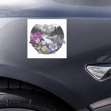 Load image into Gallery viewer, Melodia Gallery Mountain Landscape With Wildflowers Sticker featuring snow-capped peaks, river, trees, and colorful wildflowers.
