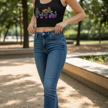 Load image into Gallery viewer, Melodia Gallery black cotton-elastane blend crop top with rainbow ombre mushroom graphic print. Form-fitting silhouette.
