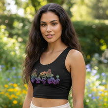 Load image into Gallery viewer, Melodia Gallery black cotton-elastane blend crop top with a rainbow ombre mushroom print. Form-fitting silhouette.
