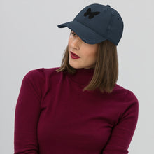 Load image into Gallery viewer, Melodia Gallery distressed navy blue cotton dad hat with black butterfly embroidery. Adjustable strap, fits most.
