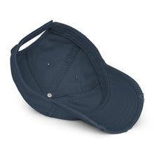 Load image into Gallery viewer, Melodia Gallery distressed navy blue cotton dad hat with adjustable strap and embroidered butterfly detail.

