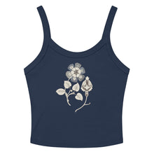 Load image into Gallery viewer, Melodia Gallery navy blue 100% cotton micro-rib crop tank top with vintage floral graphic design.
